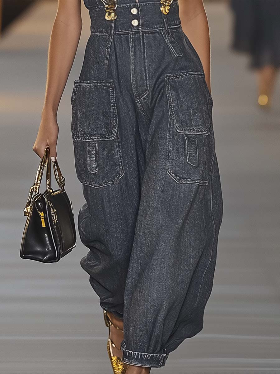 Fashion Personality Loose V-neck Suspender Denim Jumpsuit