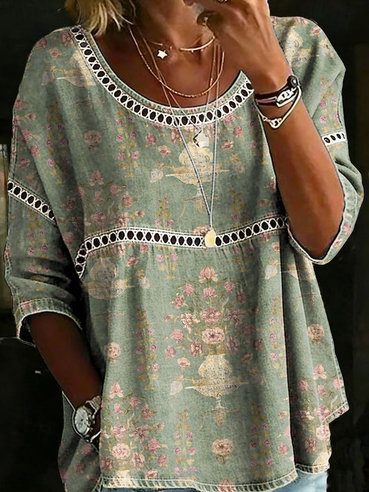Women's Vintage Flower Casual Loose Denim Blouse Shirt