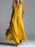 Women's Casual Pocket Deep V-neck Solid Color Casual Dress