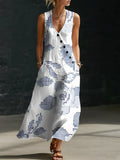 Women's Floral Pattern Art Print Casual Cotton Linen Dress