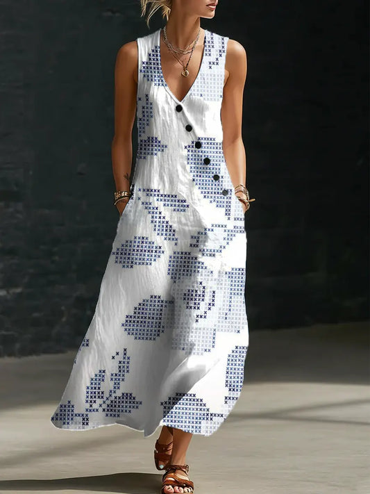 Women's Floral Pattern Art Print Casual Cotton Linen Dress