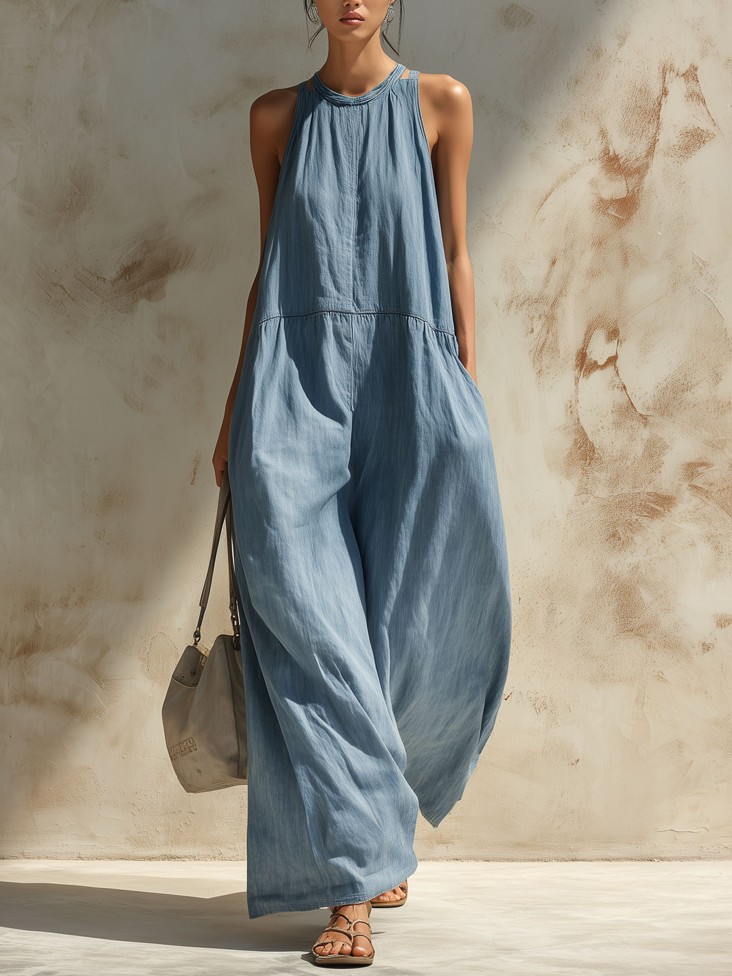 Light Blue Tencel Denim Wide-Leg Jumpsuit