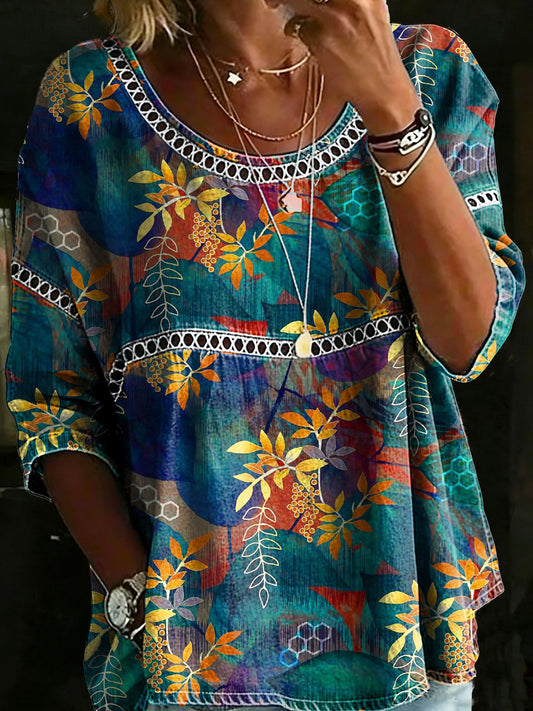 Women's Vintage Floral Casual Loose Denim Blouse Shirt
